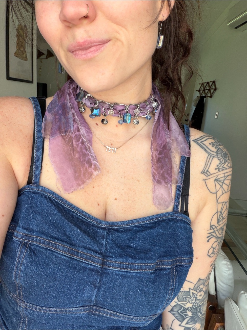 Handmade Purple Silk Ribbon & Blue Crystal Charm Choker Necklace & Earrings